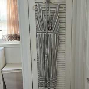 Altar'd State Linen Striped Jumpsuit V Neck Wide Cropped Leg